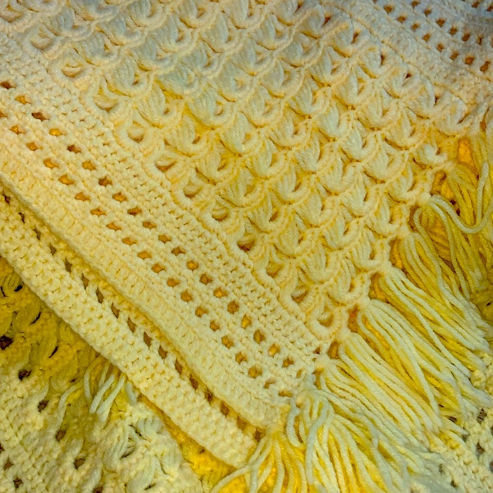 Vintage Large Yellow handmade Crochet Fringed Throw  70 x 62 VERY SOFT!!